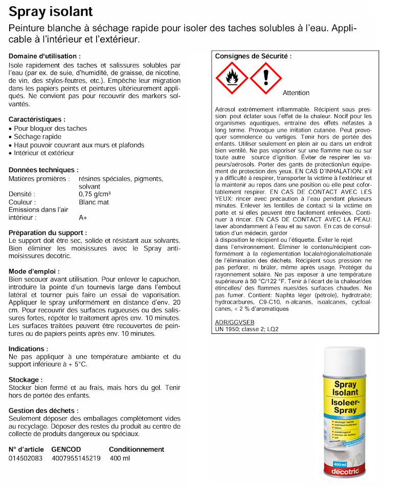 Aerosol - peinture blanche à séchage rapide - 400ml